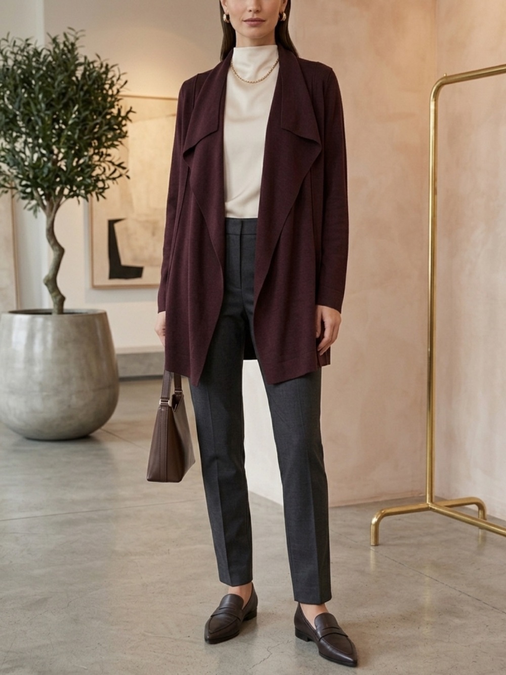 Akris Burgundy Cashmere + Silk Draped Waterfall Open-Front Cardigan - 12